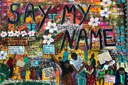 [ai] A colorful mural featuring the text "SAY MY NAME" and "GEORGE FLOYD" surrounded by flowers. The artwork includes diverse individuals holding signs, along with various names and messages honoring victims of violence and injustice.